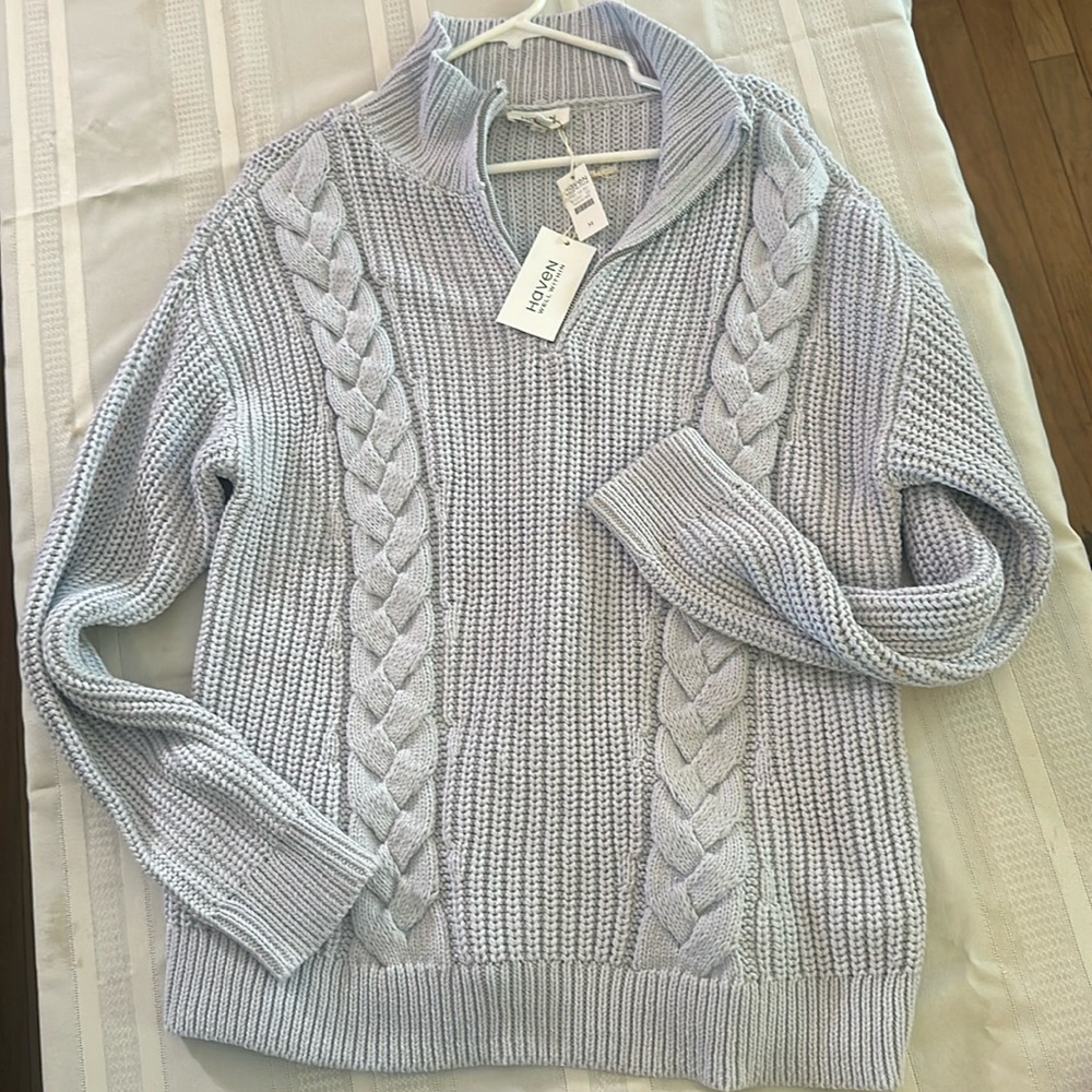 Haven Well Within Cotton 1/4 Zip Cable Knit Fisherman Sweater Light Blue Size M